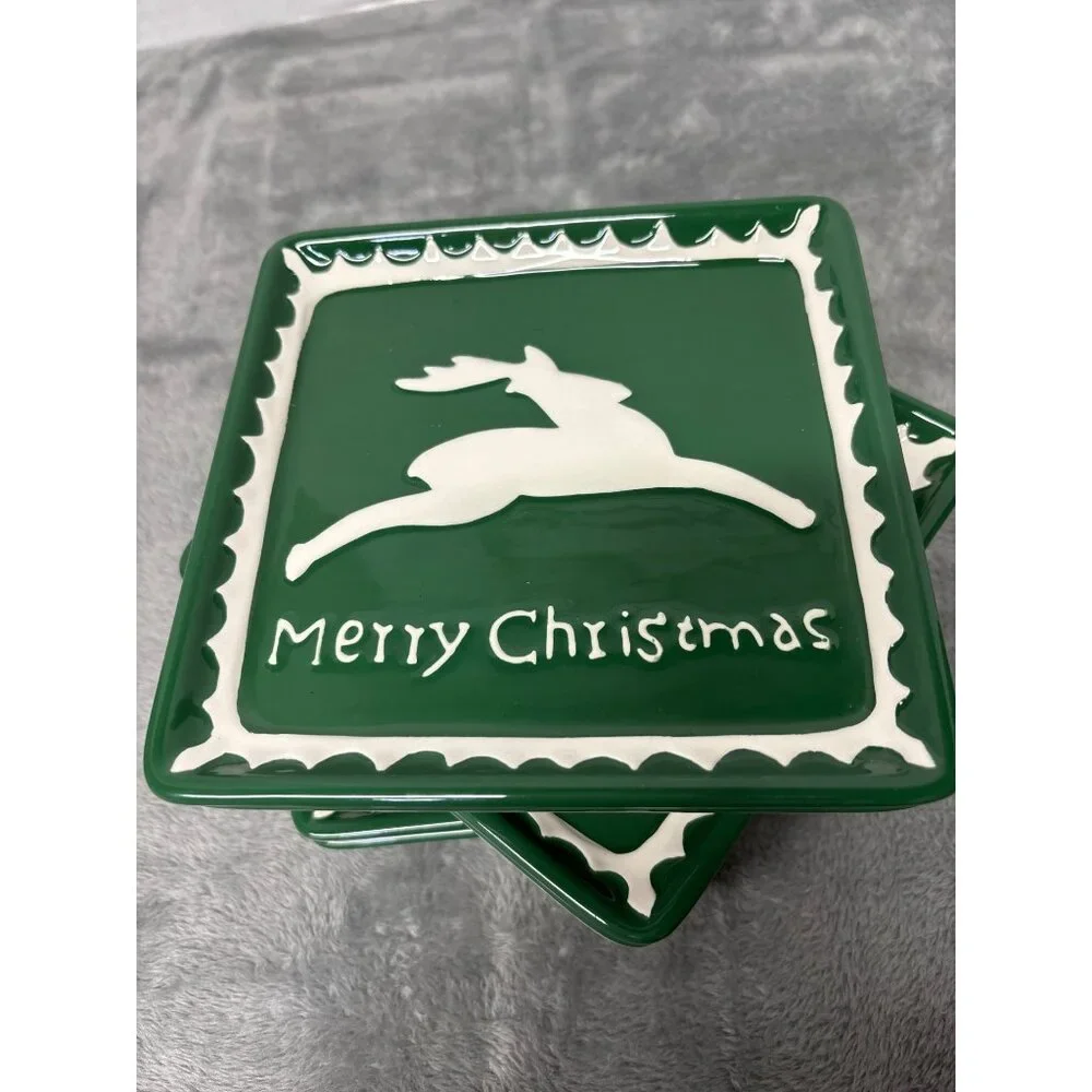 Ceramic Green Square Dessert Plate Reindeer Merry Christmas Holiday Rudolph - 6